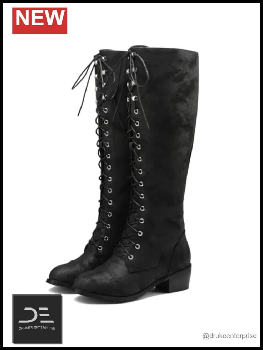 Faux Leather Over The Knee Combat Boots Chunky Heel Side Zipper Lace Up
